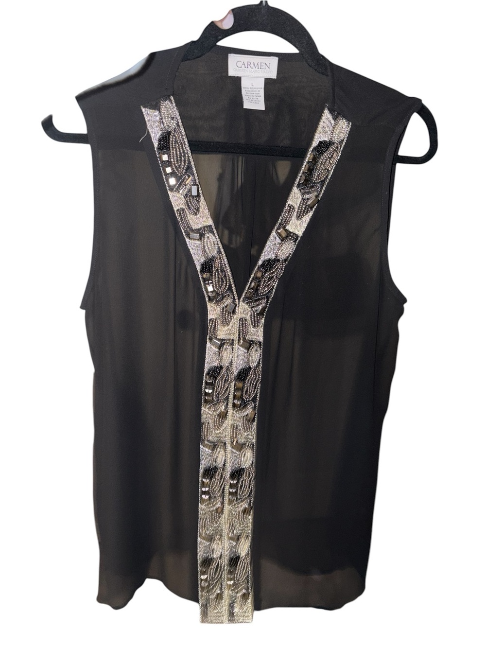 Carmen Black Beaded V-Neck Sheer Sleeveless Camisole